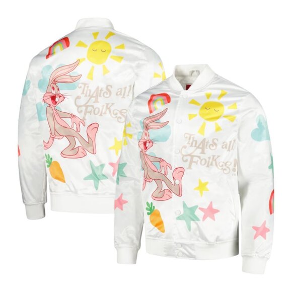 Warner Bros / Freeze Max Other - Looney Tunes Bugs Bunny Satin Snap Bomber Jacket WHITE Freeze Max Men's